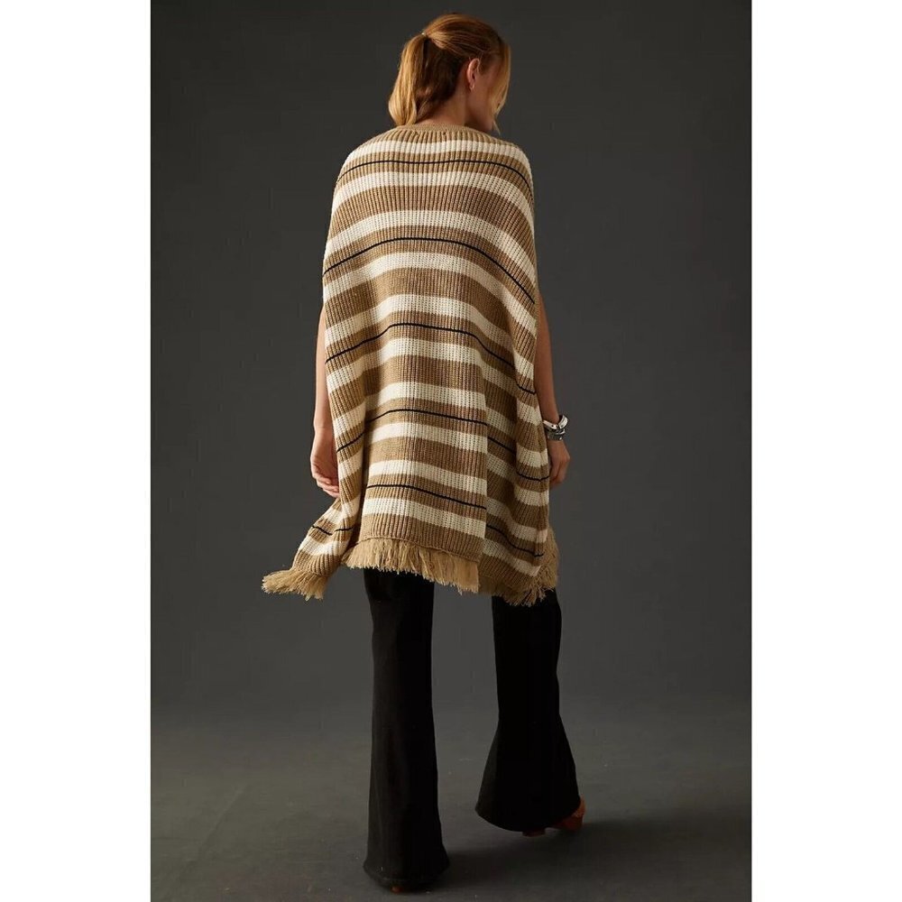 Zara Halo Brown Striped Sleeveless V Neck Fringed Hem Poncho Sweater Size S - Picture 3 of 10